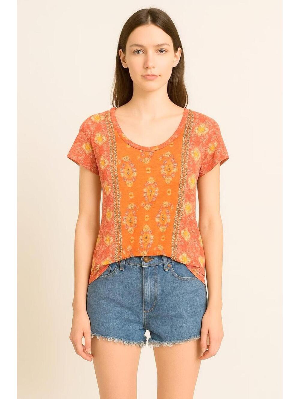 Lucky Brand Pink Multi-print Scoop Neck Short Sleeve Top SM